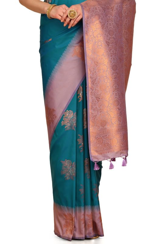 Soch Womens Turquoise Blue Floral Zari Woven Design Silk Blend Saree With Tassels