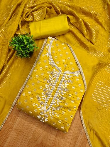 Leeli Peeri Designer Women's Chanderi Printed With Hand Embroidery Work Unstitched Salwar Suit Dress Material