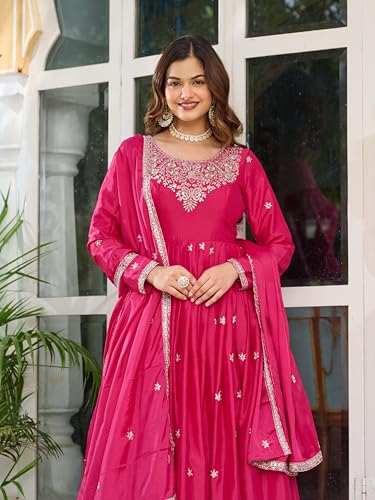 LEELI PEERI DESIGNER Women's American Silk Sequence Work Pink Anarkali Kurta with Trouser and Dupatta(52PDM1-XL)
