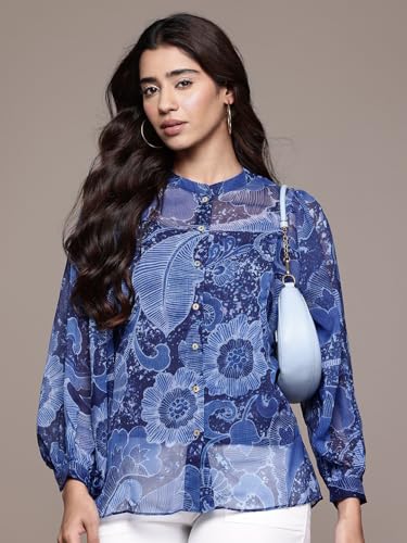 Aarke Ritu Kumar Blue Pearl Petal Full Sleeve Shirt with Camisole