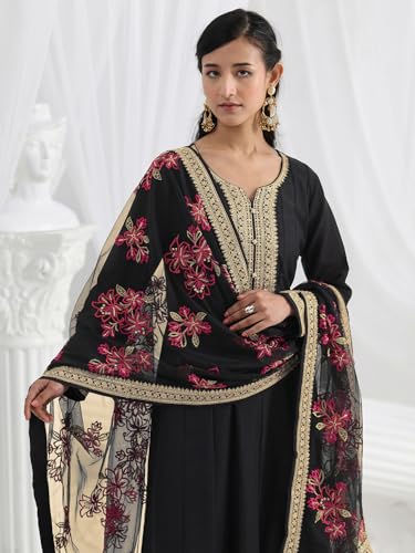 Libas Embroidered Silk Blend A-Line Ethnic Dress with Dupatta-93610L Black