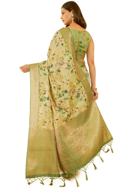 Soch Womens Light Green Floral Print Chanderi Jacquard Saree