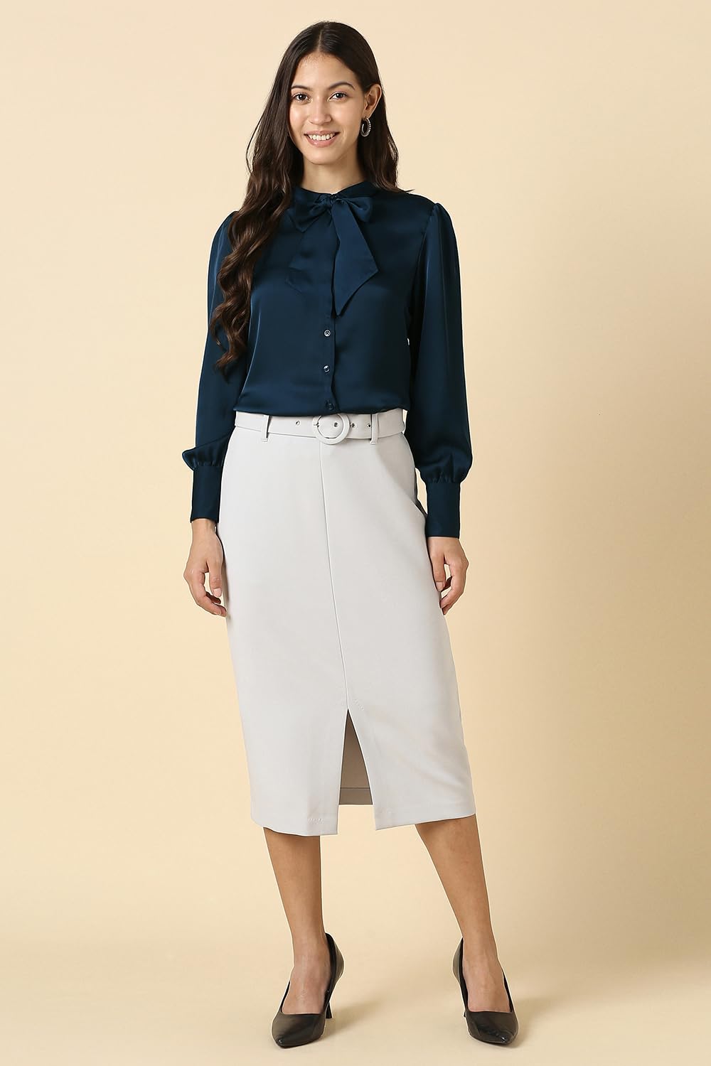 Allen Solly Women's Solid Regular Fit Shirt (AHSFWRGF398397_Navy