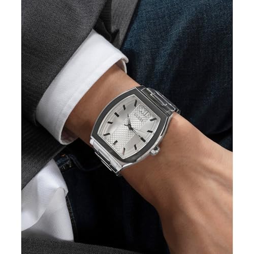 GUESS Punctual Analog Watch for Man with Silver Rectangle Dial & Silver Stainless Steel Bracelet Band Water Resistant Men's Wrist Watches - GW0705G1