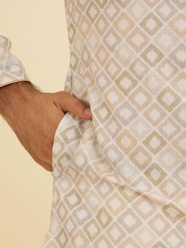 Manyavar Blended Cotton Men's Digital Print Kurta (Cream,XL)