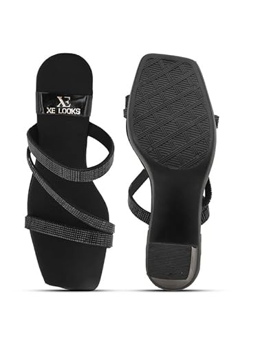 XE Looks Black Women's Fashion Sandals | Faux Leather Soft and Trendy SlipOn Block Heel | Casula & Wedding Occasion | For Women & Girls