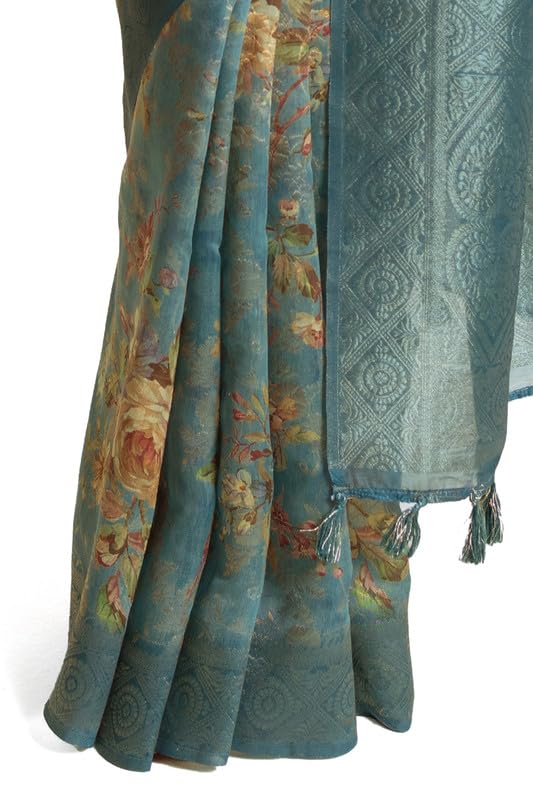 Soch Womens Teal Chanderi Floral Print Saree With Tassels