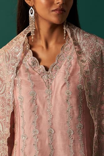 Wishful Women's Lilac Embroidered Panelled Silk Organza Short Kurta with Culotte and Dupatta Set (SP12569-223338-S)