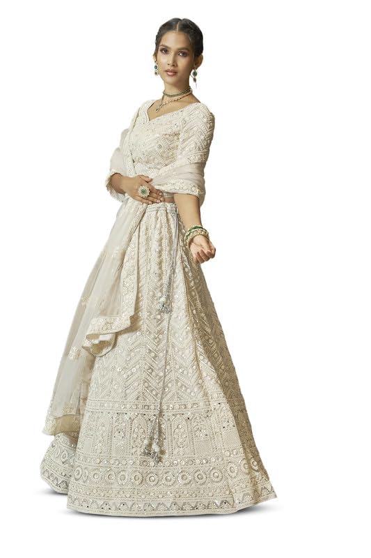 Soch Womens Cream Net Embroidered and Sequin Embellished Unstitched Lehenga Set