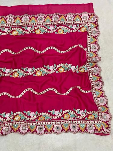 Bhagyavati Designer Soft Rangoli Silk Saree for Women with Mirror & Sequins Embroidery, Cutwork Border & Stitched Blouse (RaniPink)