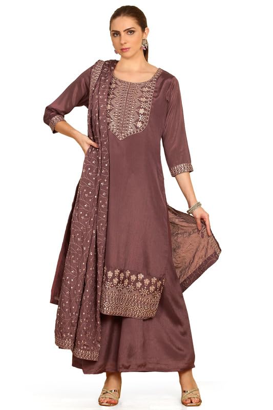 Soch Womens Mauve Yoke Embroidered Chinon Suit Set With Sequins