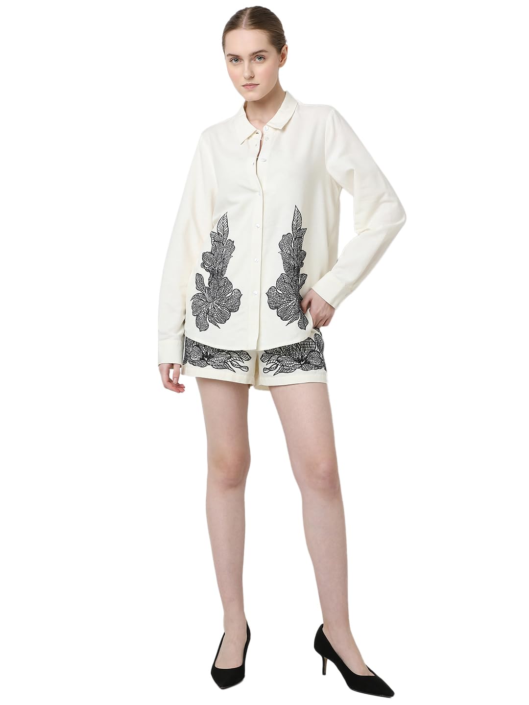 VERO MODA Women Embroidered Cream Cotton Regular Fit Shirt