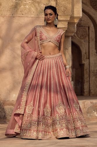 JIHU CULTURE Women’s Semi-Stitched Pink Fancy Silk Zari & Sequin Embroidered Lehenga Choli with Net Dupatta