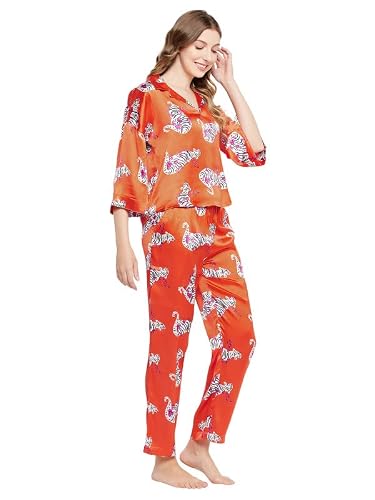 Clovia Women's Satin Animal Print Satin Shirt & Pyjama Set (LS0649P16_Olive_M)