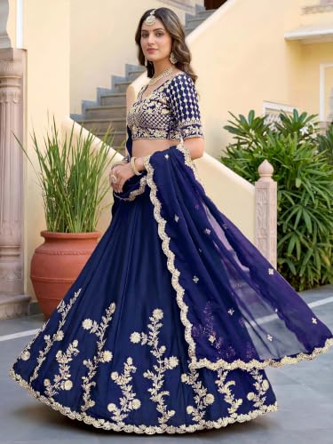 Zeel Clothing Women's Thread and Sequins Embroidered Work Silk Lehenga Choli With Dupatta (5135-Blue-Women-Lehenga-Choli-Latest; Free size) (Blue)