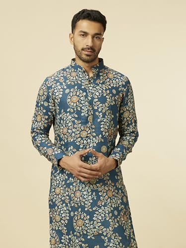 Manyavar Men's Teal Blue Bel Buti Patterned Kurta (M)