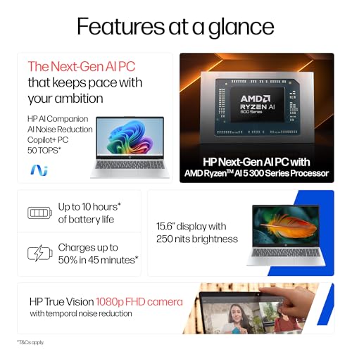 HP OmniBook 3 AMD Ryzen AI 5 330 Next Gen AI Laptop, (24GB DDR5, 1TB SSD), Anti-Glare,15.6''/39.6cm FHD, Win11,Office24, Silver,1.7kg, FHD Camera with Shutter, Fingerprint Reador, Backlit KB fn0074AU