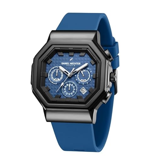 Daniel Hechter Paris Daumesnil Collection Analog Watch for Men Hexagonal Chronograph Watch Black Textured Dial, Multi-Function Display, Red Silicone Strap, Date Window Premium