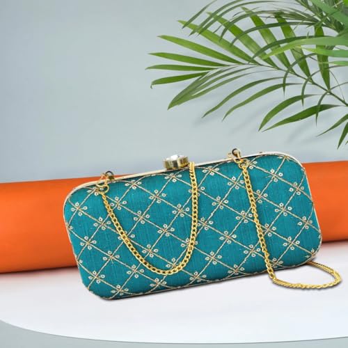 TOOBA Turquoise Velvet Embroidered Jaal Clutch Bag – Ethnic Handcrafted Purse with Gold Chain Strap for Women, Ideal for Festive
