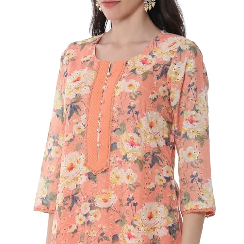 Rangriti Women's Cotton Blend Kurta Set (RTRZ20509SS25PCH_Peach