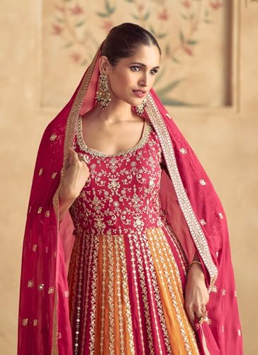 Shampysky Women's Pink Chinon Stitched Gown With Dupatta 3/4 Sleeve Embroidered Anarkali Gown (SSW-1231-Pink-4XL)