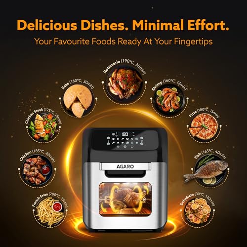 AGARO Regency Air Fryer For Home, 12L, Family Rotisserie Oven, 1800W, 9 Preset Menu, Electric Air Fryer Toaster Oven, Digital Display, Bake, Roast, Toast, Defrost, Silver.