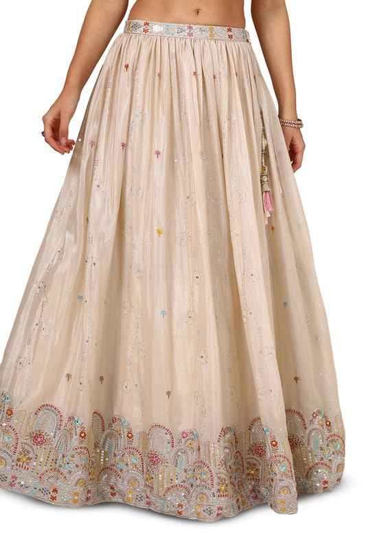 Soch Womens Beige Chinon Blend Embroidered Ghagra Choli With Sequins