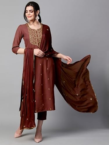 HF HOLYDAY FASHION Straight Cotton Blend Designer Embroidered Work Sweetheart Round Neck Kurta Set with Pant & Dupatta for Women Coffee