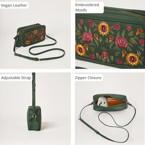 Chumbak Olive Crossbody Sling Bag for Women, Zipper Closure, Palace Memoirs Collection, Stylish Designer Handbag Purse Wallet Sling Tote, Everyday Casual Ethnic Travel Office Use