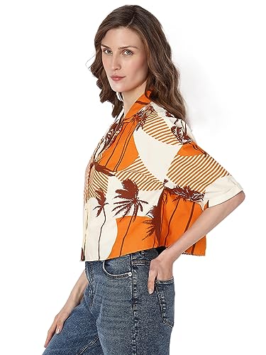 VERO MODA Women Tropical Cotton Regular Fit Orange Shirt