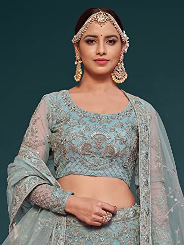 Zeel Clothing Women's Sea Blue Zari and Embroirery Work Net Semi-Stitched Lehenga Choli Material (7906-Sea-Blue-Wedding-Lehenga-Choli; Sea Blue),2 Meters