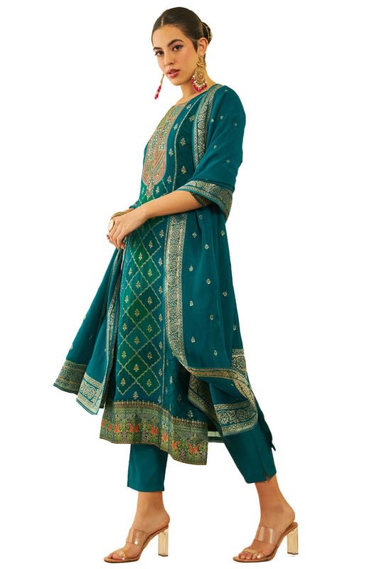 Soch Womens Green Brocade Kantha Print Suit Set with Cutdana Work
