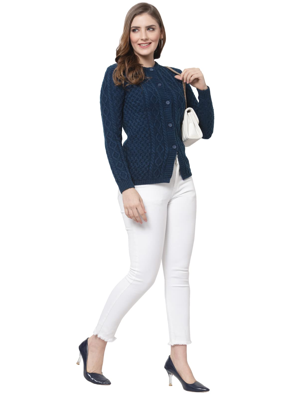 Kalt Women Sweater for Winters Woolen Acrylic Full Sleeve Round Neck Cable Design Cardigan Sweater for Women Winter Woollen Stylish (Teal;3XL)