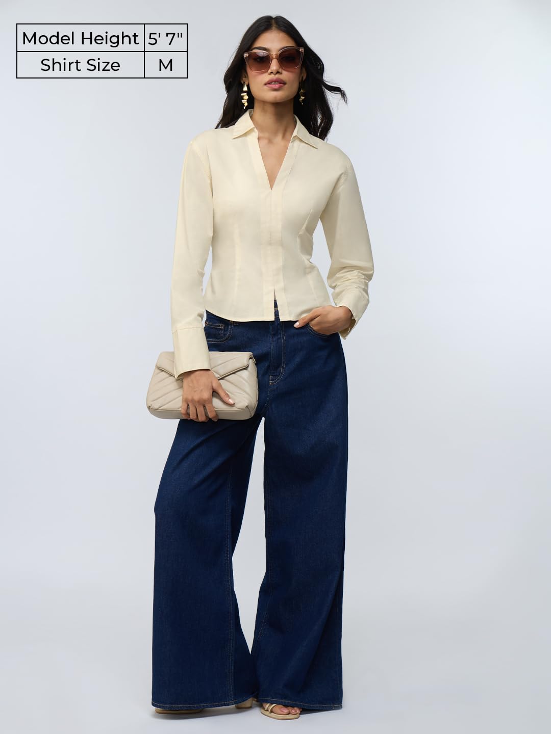 The Souled Store Corset Shirt: Off-White Women and Girls Long Sleeves Collared Neck Button Front Fitted Shirts