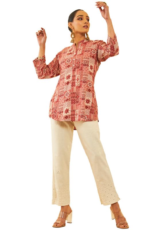 Soch Womens Brown Rayon Ethnic Motif Foil Printed Mandarin Collar Tunic