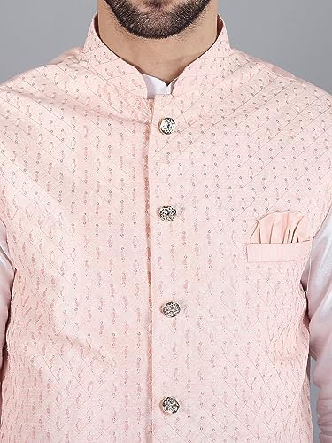 Modern Garments Men's Silk Blend Kurta Pajama with Ethnic Nehru Jacket/Modi Jacket (38, White & Light Pink)