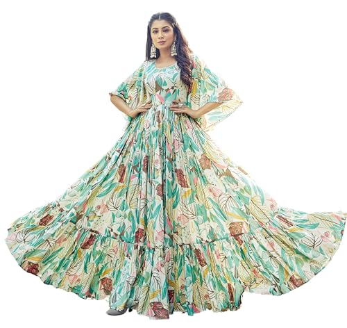 Samprag Rayon Gown for Women | Full Length | Printed | Fit & Flare | Flared & Bell Sleeves | Round Neck | Ethenic Dress | Ideal for Casual, Wedding & Party Occassions | Off-White & Pink | XL
