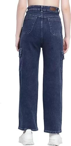 Masrat Collection Womens Denim Cargo Style Wide Leg Jeans |Blue, Size 32