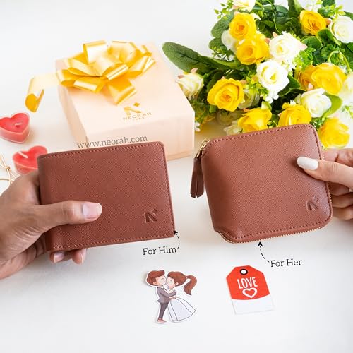 NEORAH — Couples Gift Set Vegan Leather Men's Wallet & Women’s Card Wallet + Coin Compartment - Men’s Wallet | Card Wallet - Birthday, Anniversary, Wedding Day, Valentine's Day Gift (Brown)