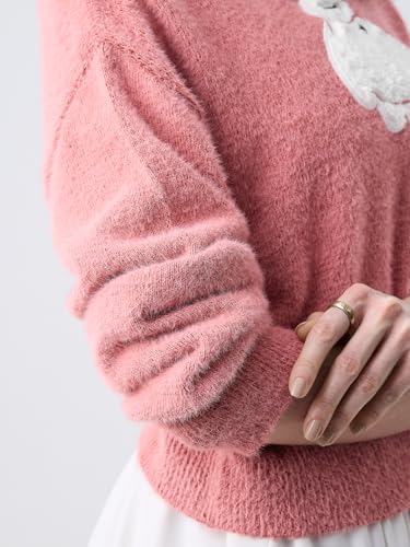 The Souled Store Disney: Fuzzy Baymax Women and Girls Full Sleeves Round Neck Light Pink Graphic Printed Acrylic Nylon Oversized Fit Fuzzy Casual Winter Pullover Sweater