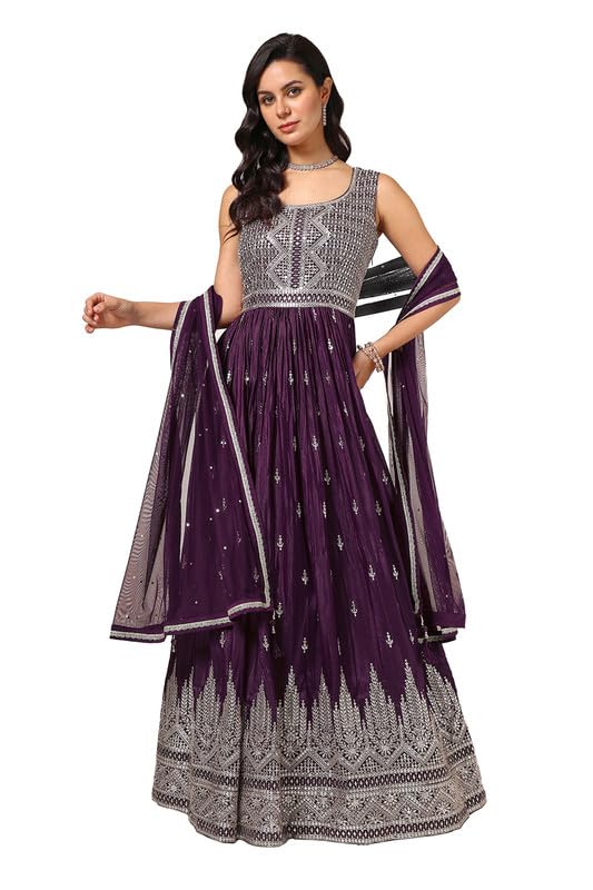 Soch Womens Wine Georgette Blend Embroidered Gown With Sequence Work