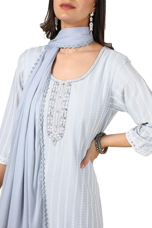 Soch Womens Grey Rayon Embroidered Suit Set With Mirror Work