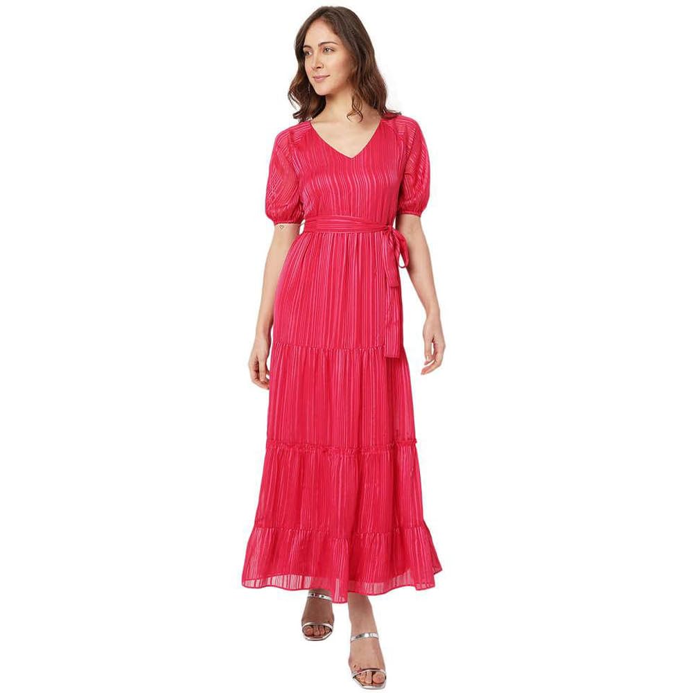 VERO Moda Solid Polyester V Neck Women's Maxi Dress (Pink, XS)