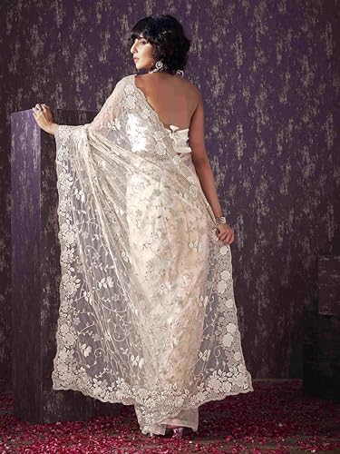 Womanista Women's Net Embroidered Saree (TI6580_Cream)