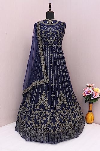 RUDRAPRAYAG Net And Santoon Long Anarkali Gown For Women | Semi Stitched Anarkali Gown For Women | Gown In Clothing & Accessories, Navy Blue