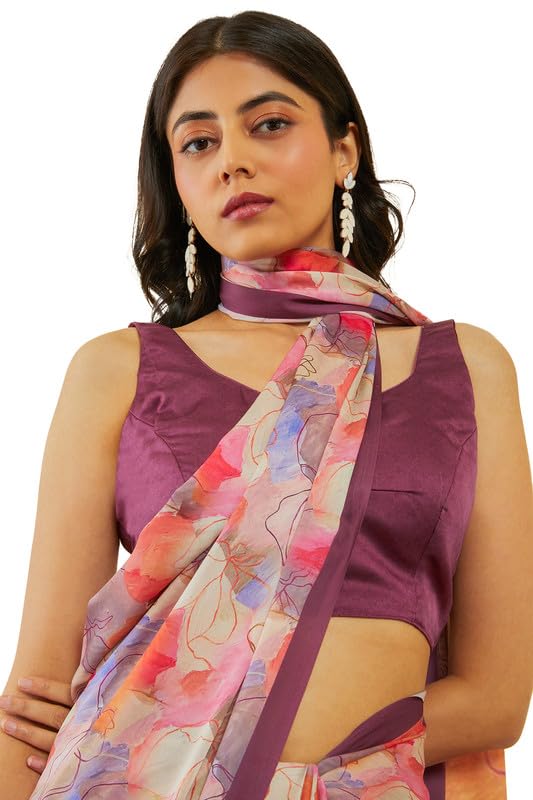 Soch Womens Wine Floral Print Crepe Saree