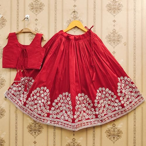 Tejam Kids Girls Taffeta Silk Embroidered Beautifull Latest Crop Top With Lehenga Set For Girls 2 To 8 Years (Red, 7-8 Years)