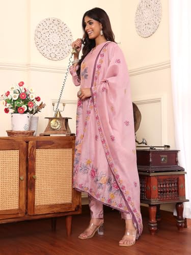 Varanga Women Pure Mauve Kantha Hand Embroidered Kurta Set With Dupatta