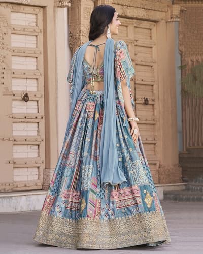 Zeel Clothing Women's Digital Print with Zari Dori Embroidery Work Chinnon Silk Lehenga Choli With Dupatta (7050-Women-Lehenga-Choli-New; Free size) (SkyBlue)