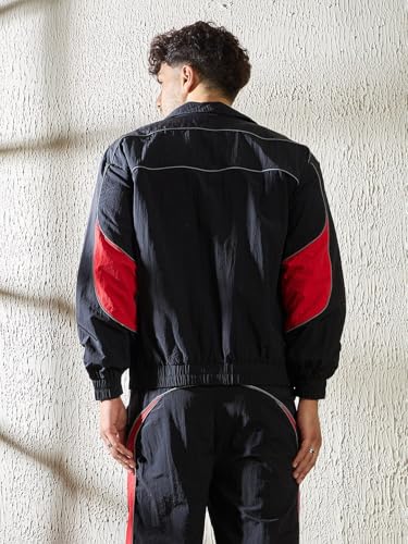 FUGAZEE Black & Red Crinkle Windbreaker Jacket for Men | Reflective Piping | Turtle Neck | Zipped Closure | Lightweight Polyester | Stylish Cut & Sew Design - XXL